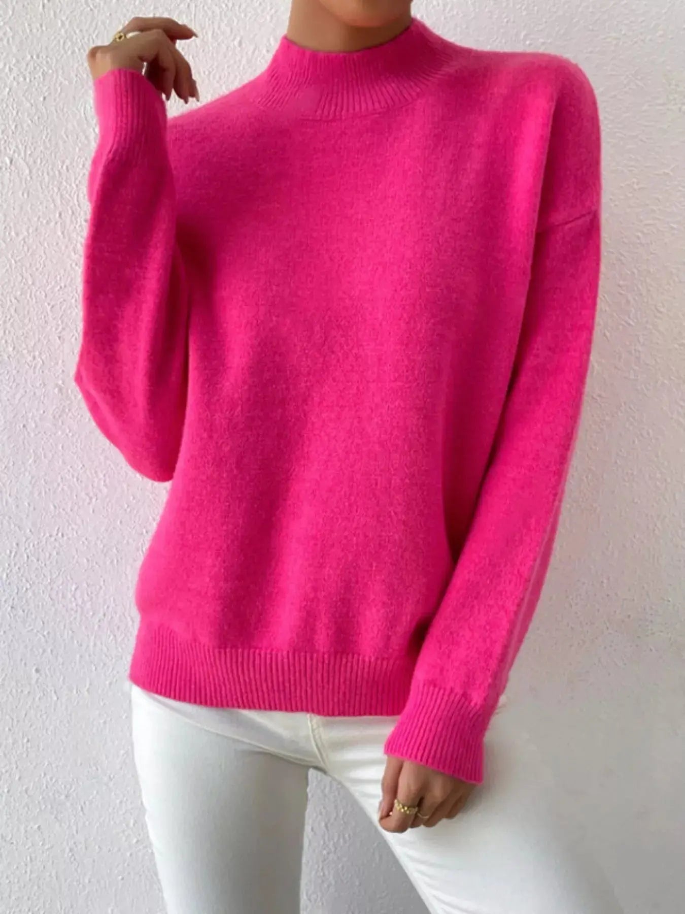 Mock Neck Dropped Shoulder Sweater Simply Love