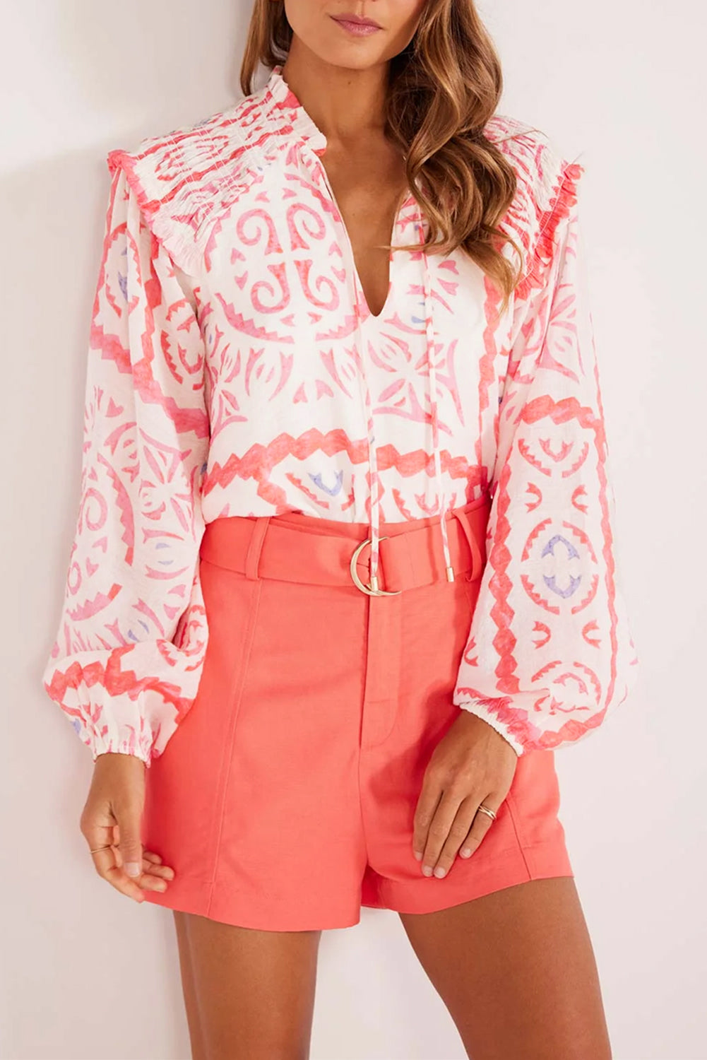 Desert Flower Vintage Print Smocked Poet Collar Blouse