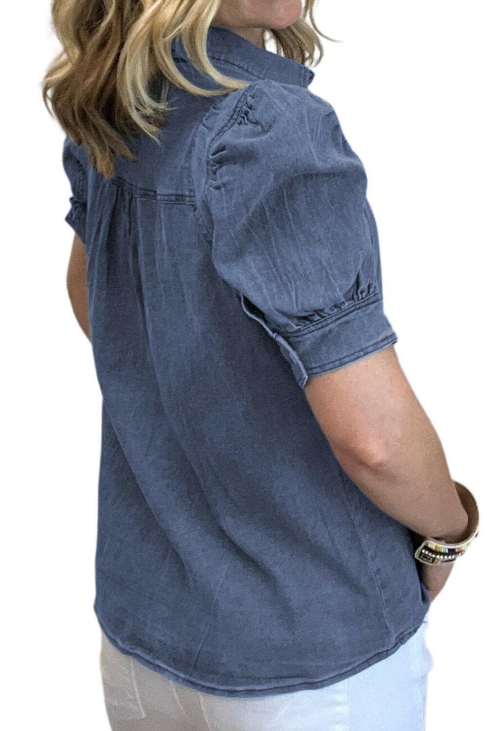 Button Up Puff Sleeve Denim Top.