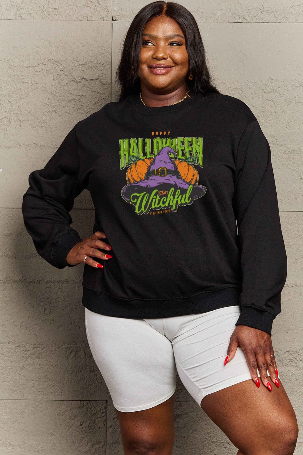 Simply Love Full Size Witch Hat Graphic Sweatshirt.