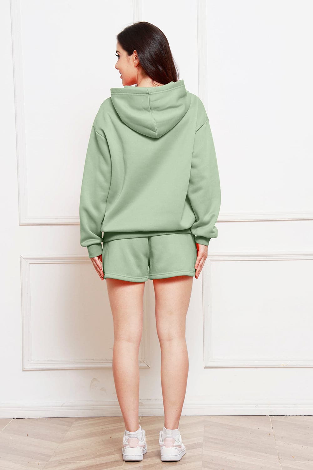 Drop Shoulder Long Sleeve Hoodie and Shorts Set.