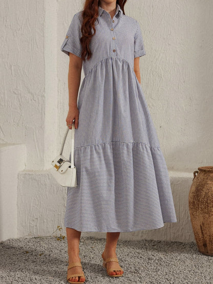 Striped Collared Neck Short Sleeve Dress.