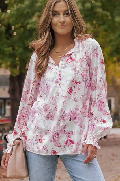 Floral Tie Neck Flounce Sleeve Blouse.