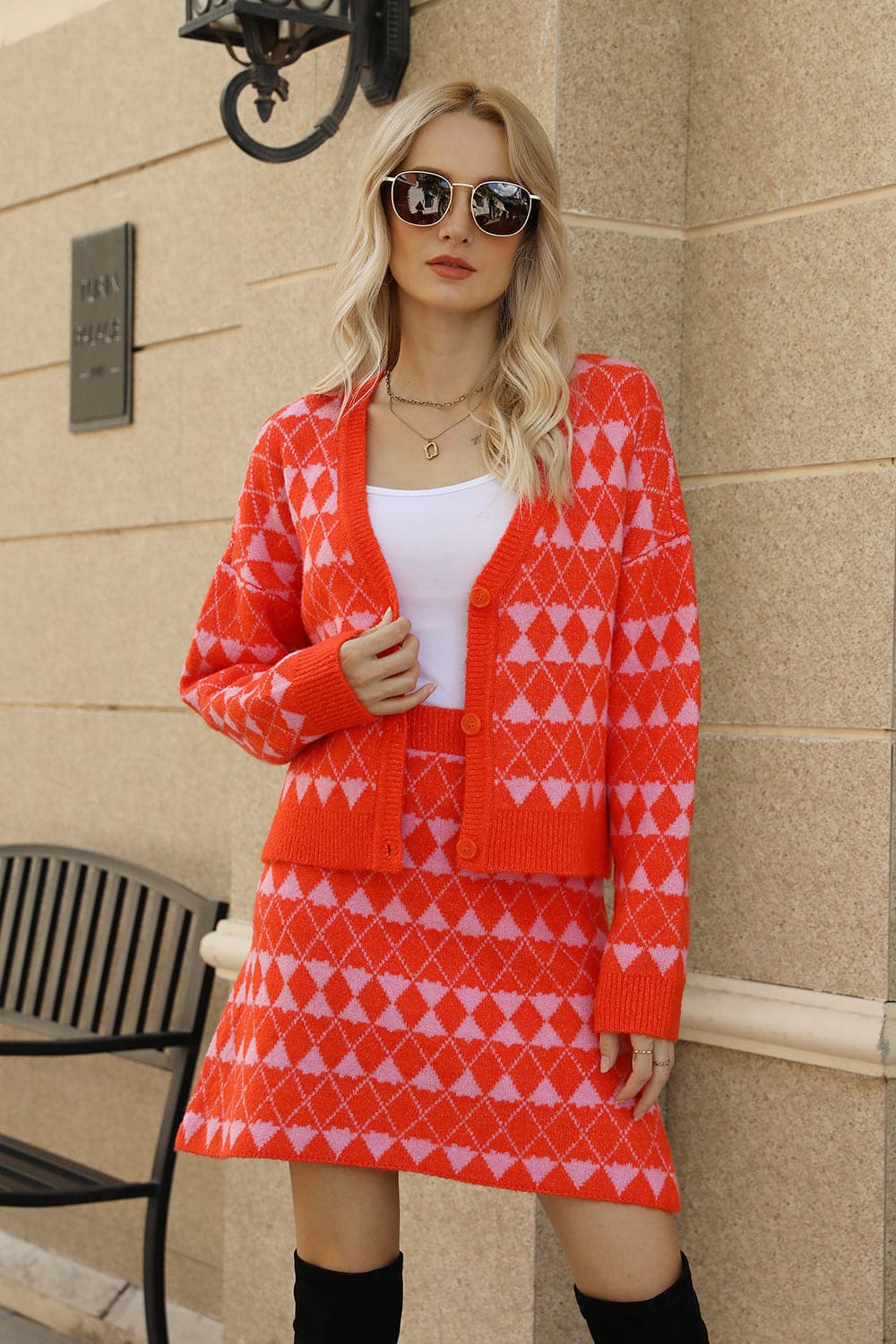 Geometric Button Front Cardigan and Skirt Set.