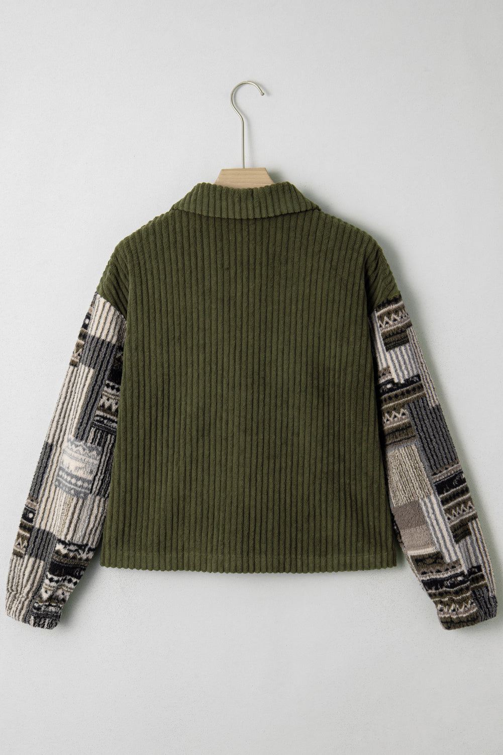 Jungle Green Ribbed Fleece Plaid Print Patchwork Button Up Jacket Cozy Everyday Wear Dear-Lover Dropshipping