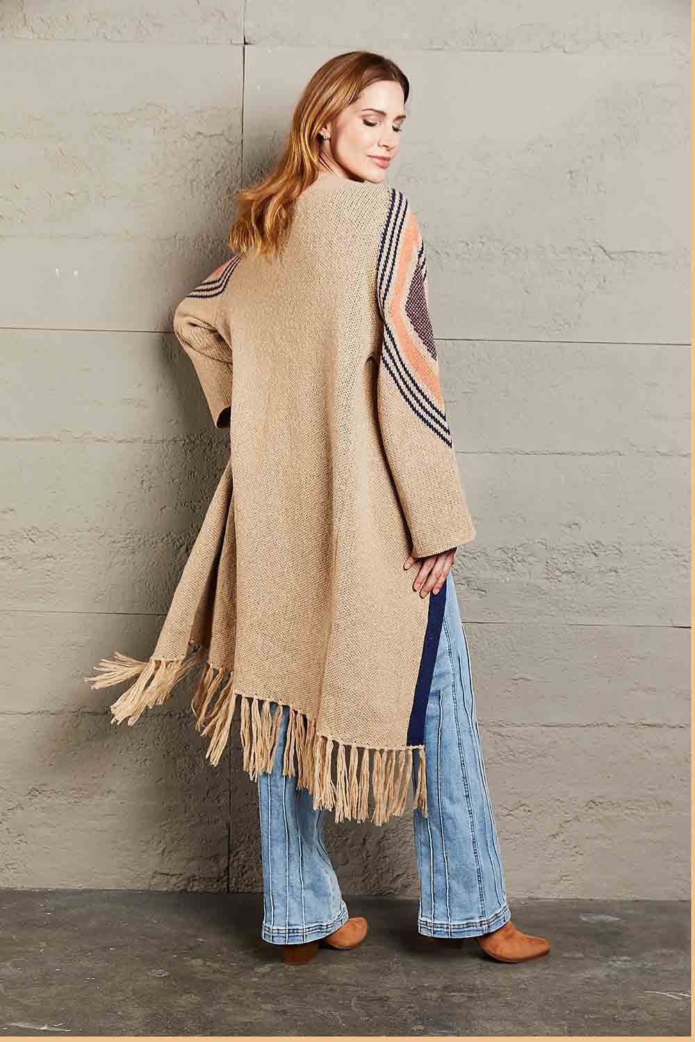 Geometric Fringe Hem Open Front Duster Cardigan.