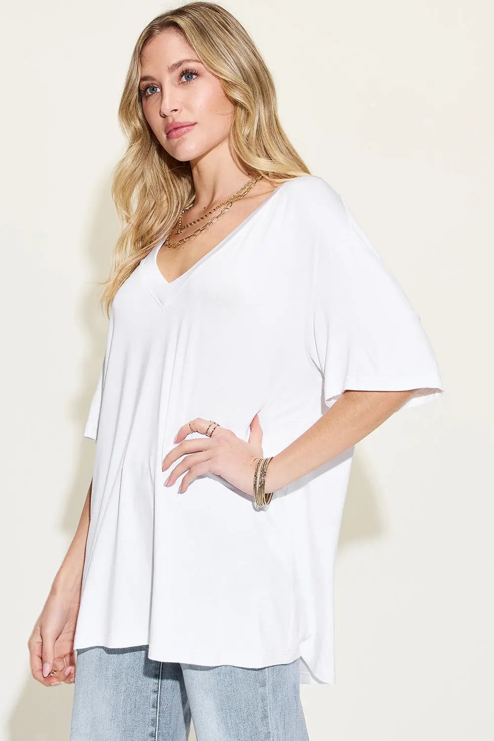 Basic Bae Full Size Bamboo V-Neck Drop Shoulder T-Shirt - Love Salve