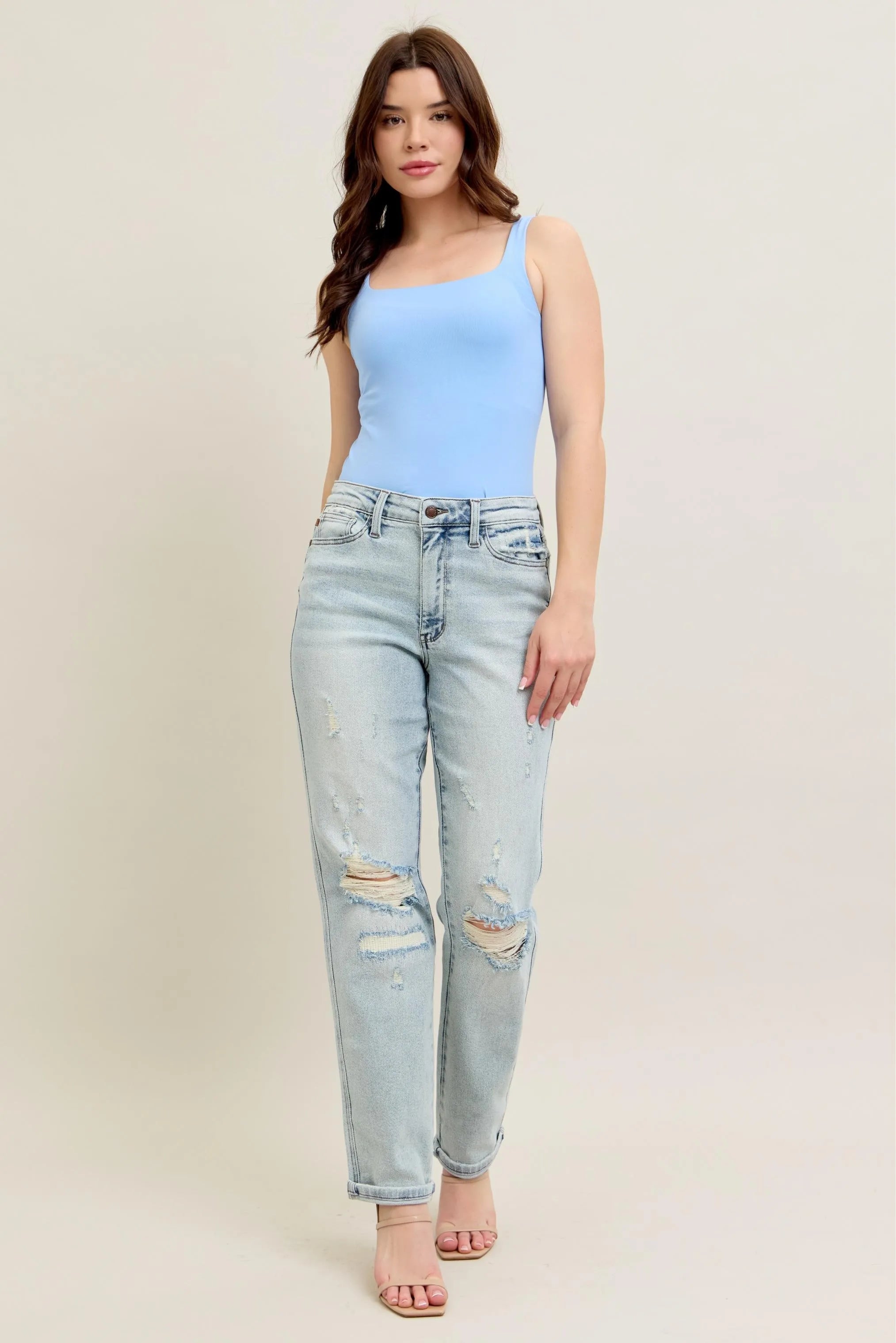Judy Blue Plus Size Full Size Mr Repair Stitch Detail Destroyed Boyfriend Jeans - Love Salve 