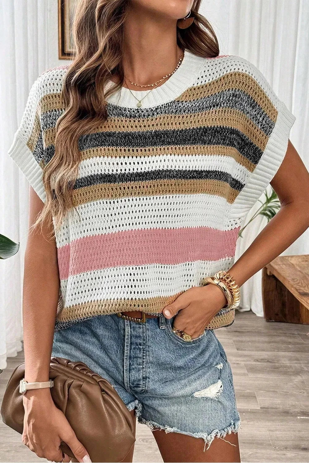 Stripe Color Block Eyelet Knit Short Sleeve Knit Top Simply Love
