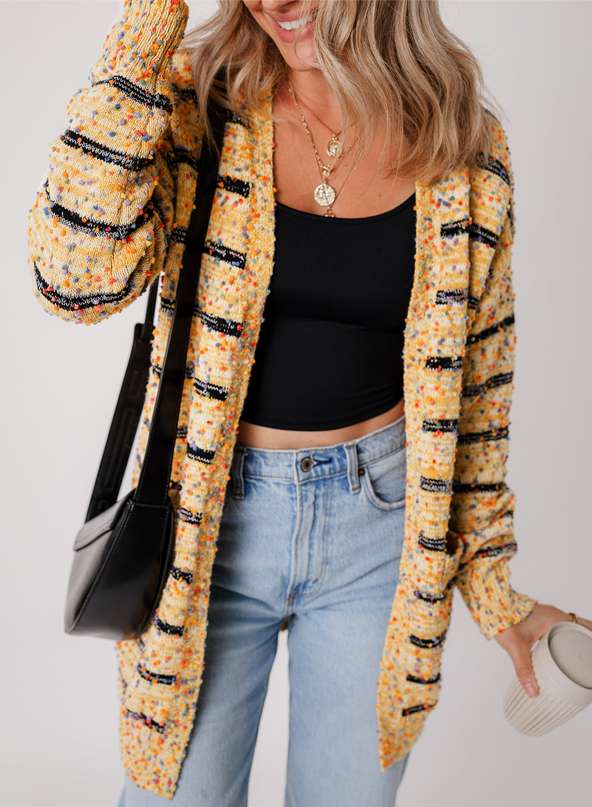 Beige Striped Knit Cardigan with Pom Pom Details