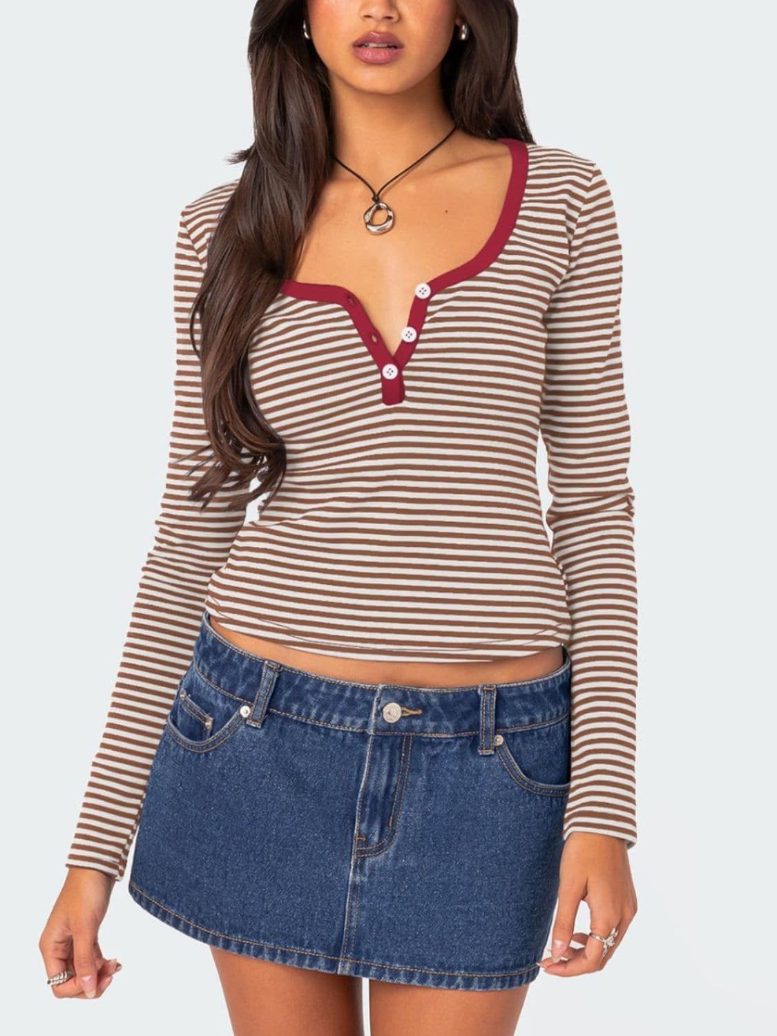 Button-up striped long sleeve tee