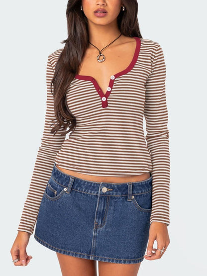 Striped button-up long sleeve tee