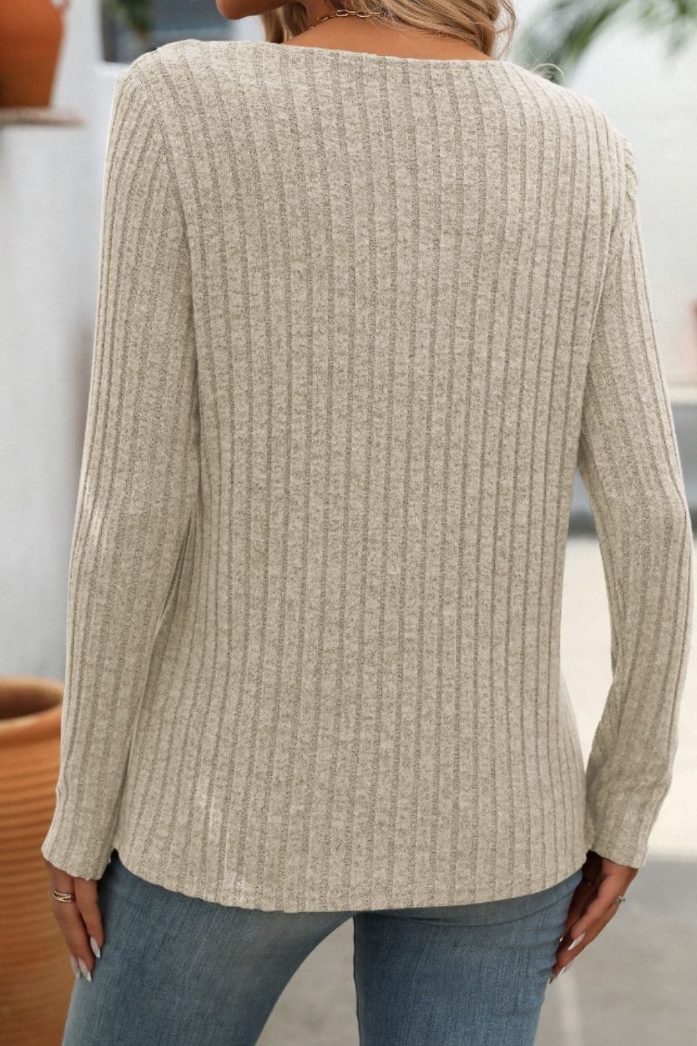 Ribbed V-Neck Long Sleeve T-Shirt.