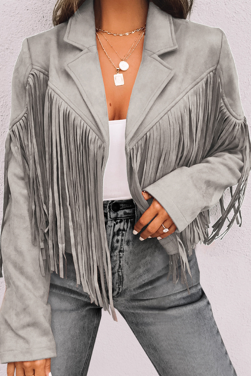 Gray Cropped Fringe Faux Suede Jacket For Women Lightweight Casual Dear-Lover Dropshipping