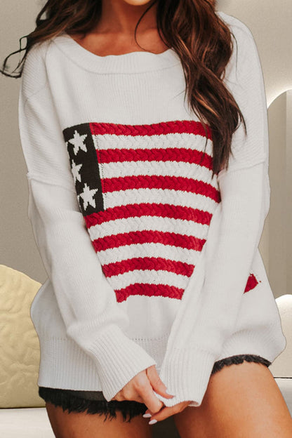 US Flag Round Neck Long Sleeve Knit Top.