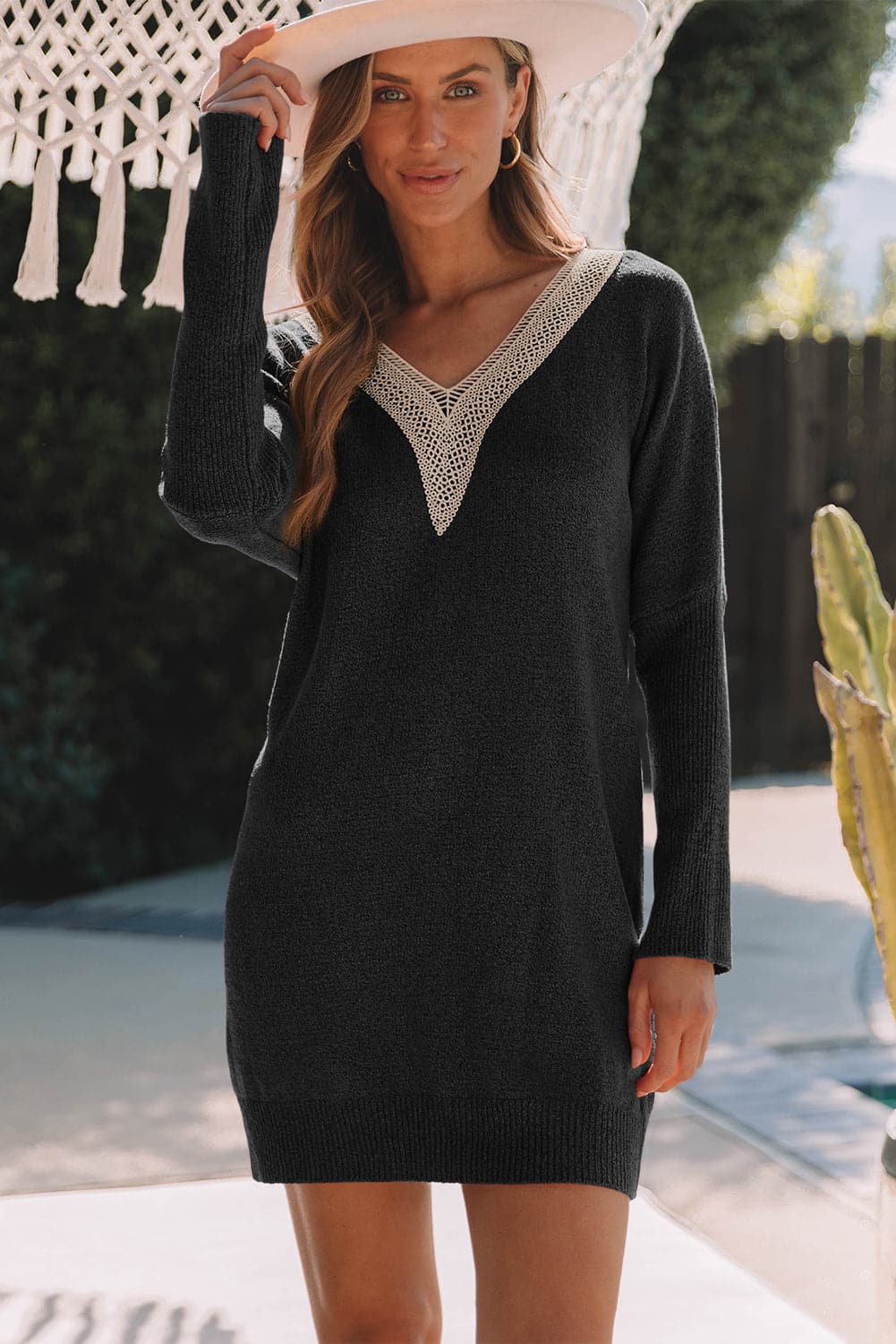 V-Neck Long Sleeve Mini Sweater Dress.