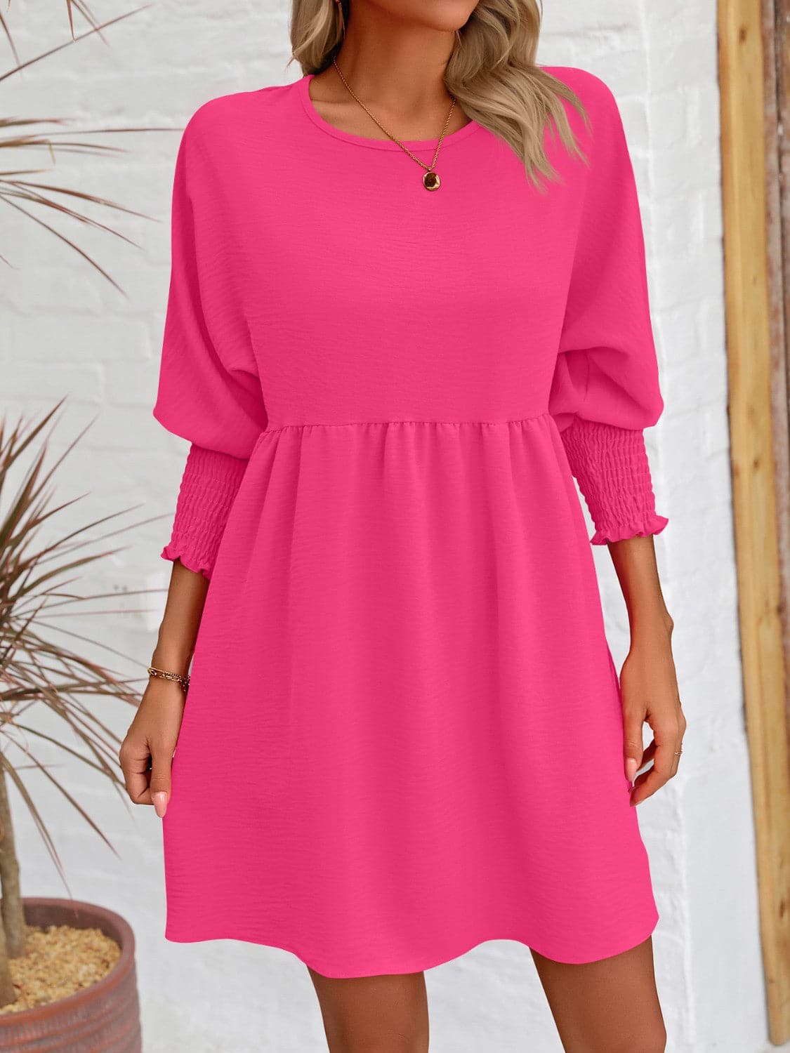 Round Neck Lantern Sleeve Mini DressFeatures: Basic style
Sheer: Opaque
Stretch: Slightly stretchy
Body: Not lined
Material composition: 100% polyester
Care instructions: Machine wash cold. Tumble dry Love Salve Round Neck Lantern Sleeve Mini Dress