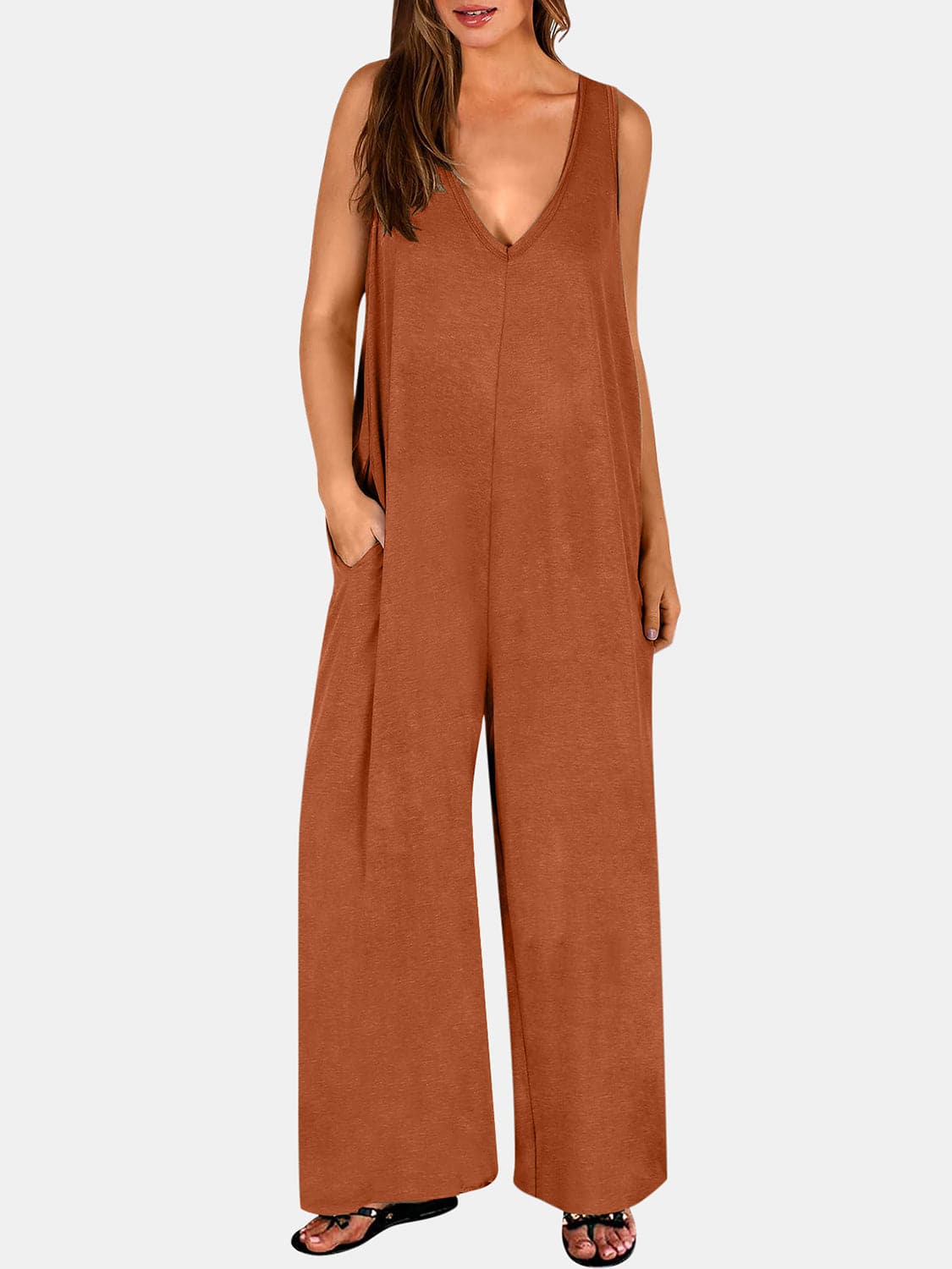 Full Size V-Neck Wide Strap Jumpsuit.