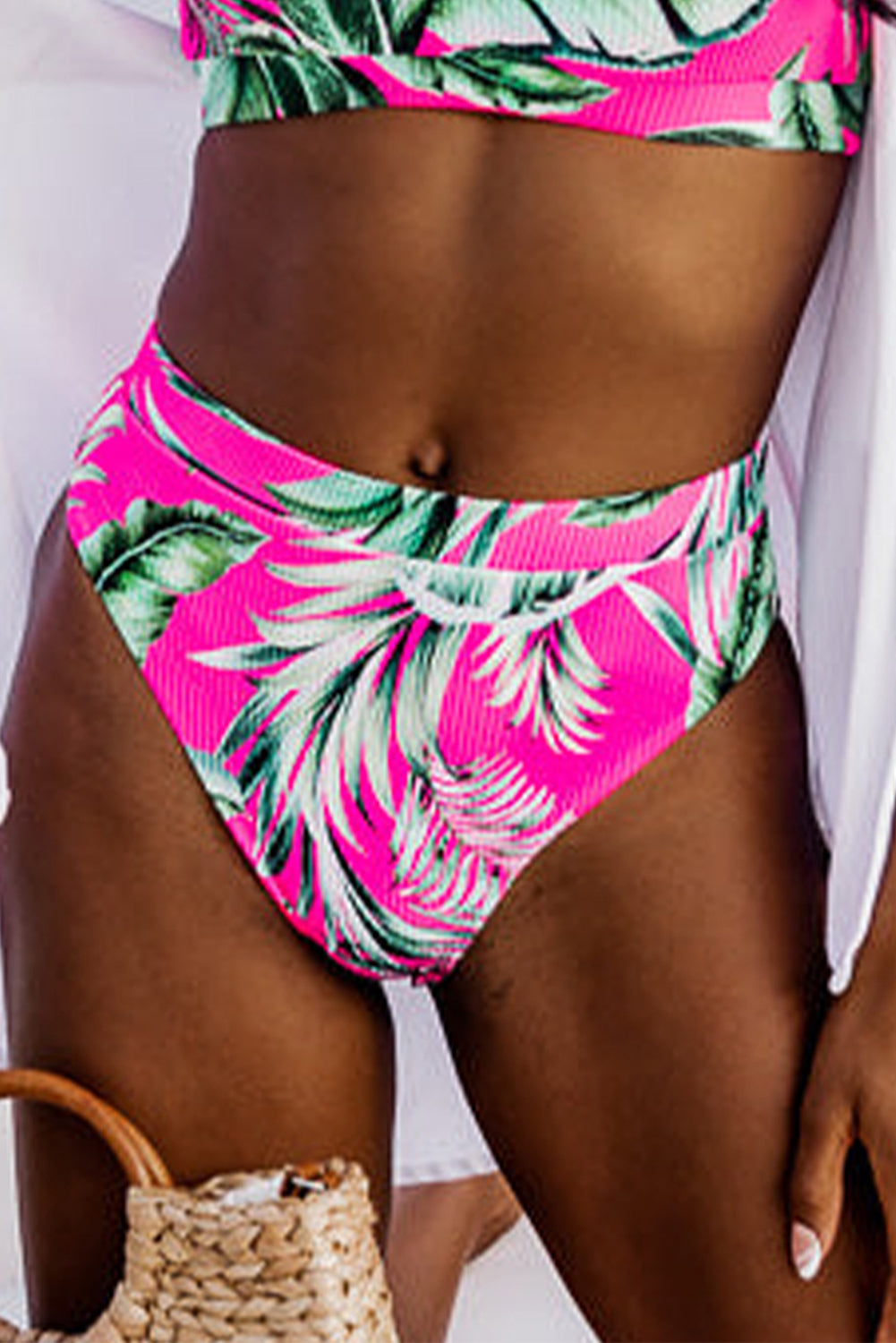 Tropical rose print textured bikini bottoms