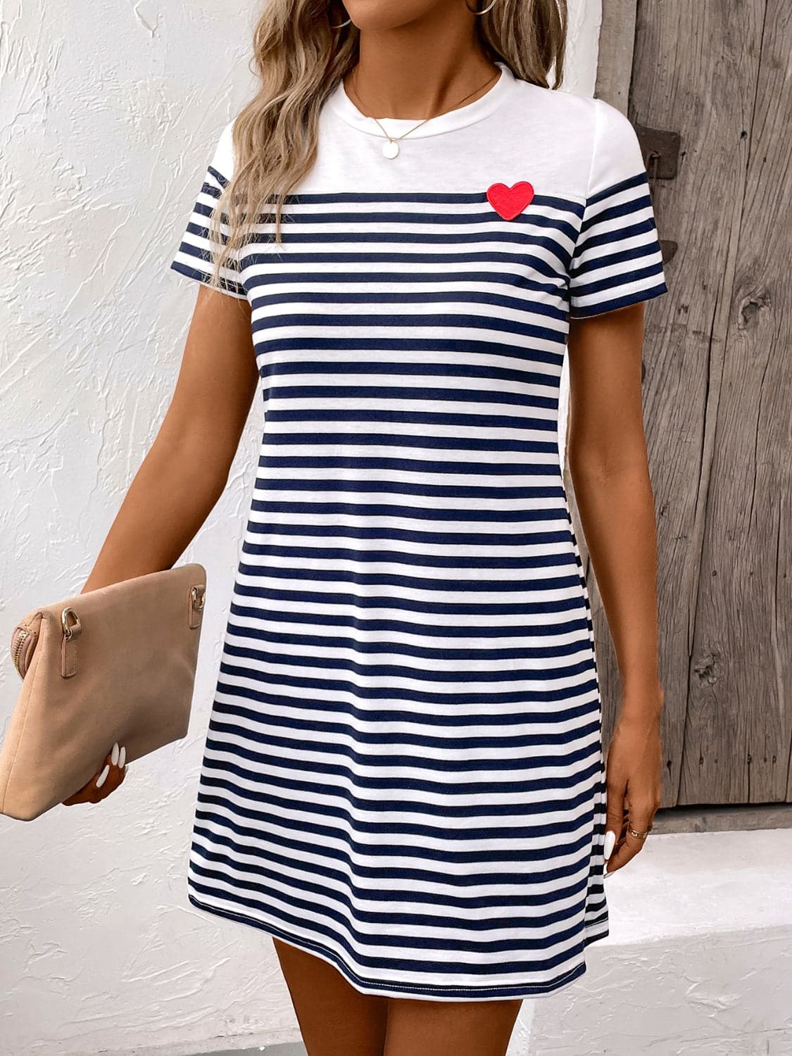 Striped Round Neck Short Sleeve Mini Dress.