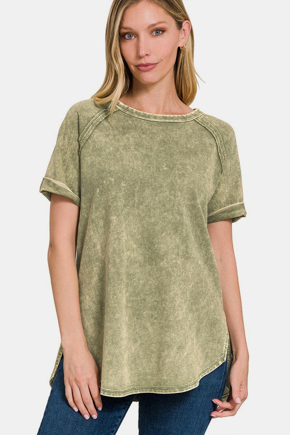 Zenana Heathered Round Neck Short Sleeve Blouse.