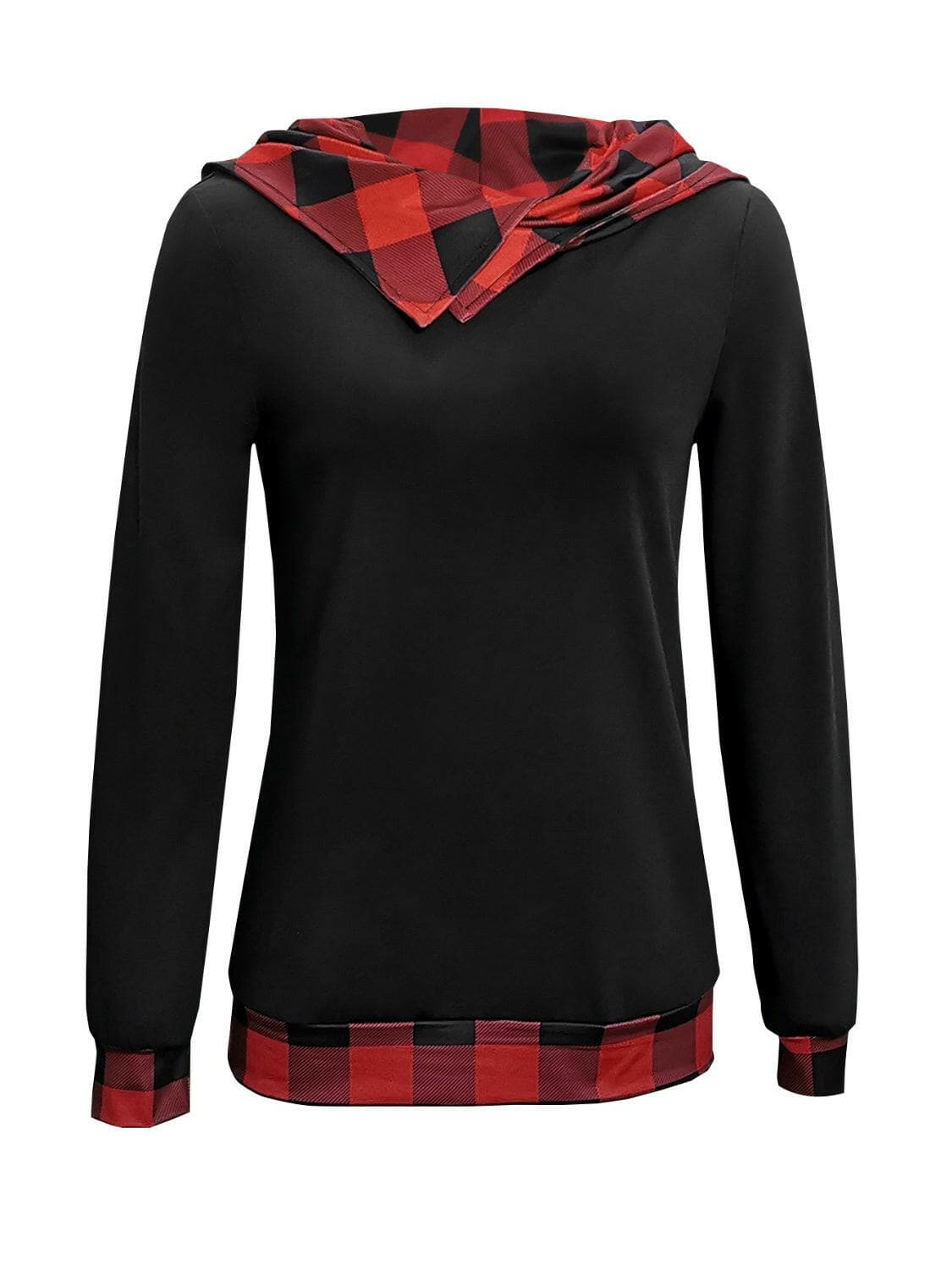 Plaid Long Sleeve Hooded Blouse.