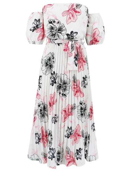 Pleated Floral Off-Shoulder Short Sleeve Midi DressPleated Floral Off-Shoulder Short Sleeve Midi Dress
 Step into elegance with our Pleated Floral Off-Shoulder Short Sleeve Midi Dress. Embrace sophistication effortleLove Salve -Shoulder Short Sleeve Midi Dressjust arrived