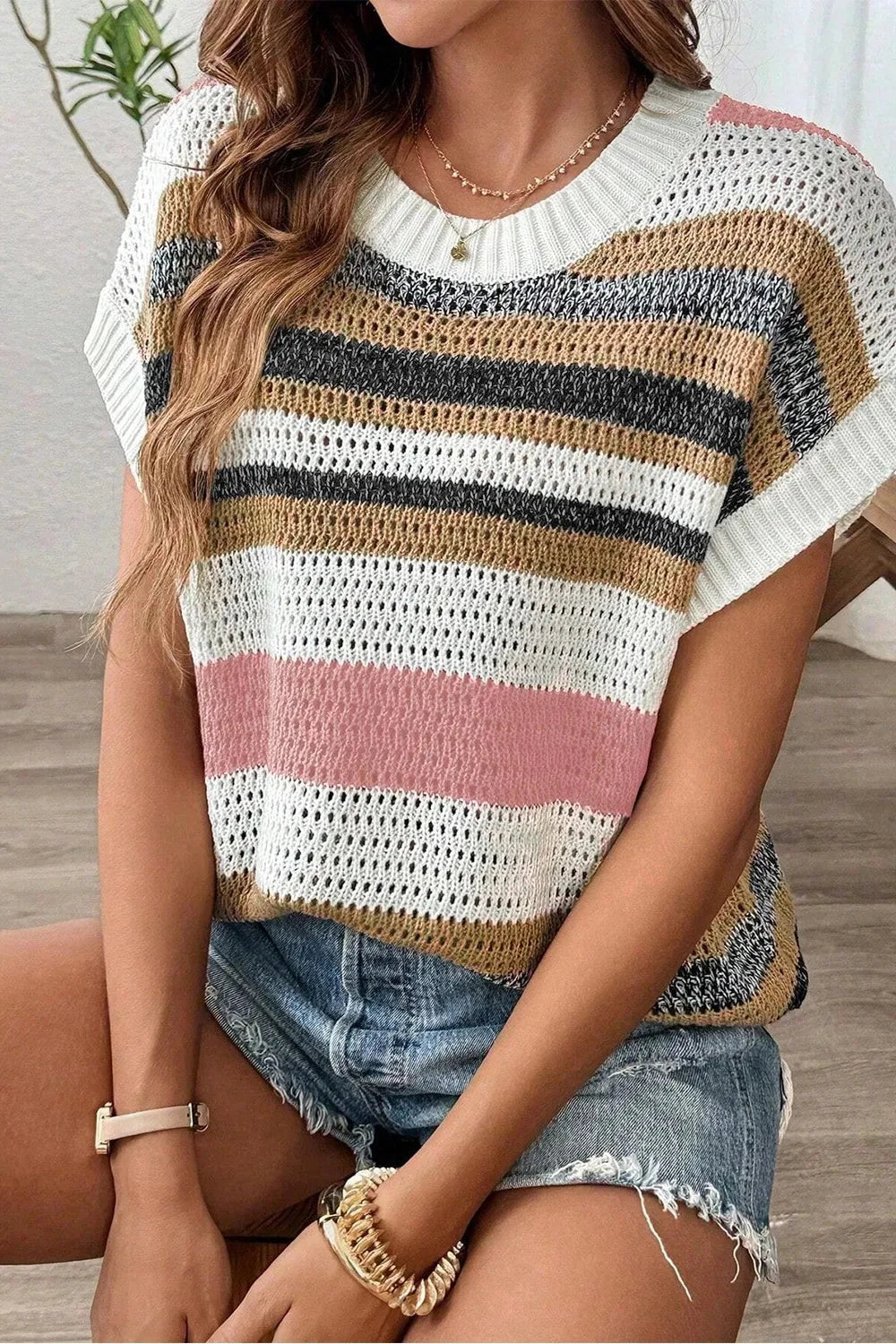 Stripe Color Block Eyelet Knit Short Sleeve Knit Top Simply Love