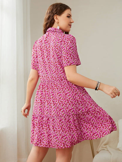 Plus Size Printed Short Sleeve Collared Dress.