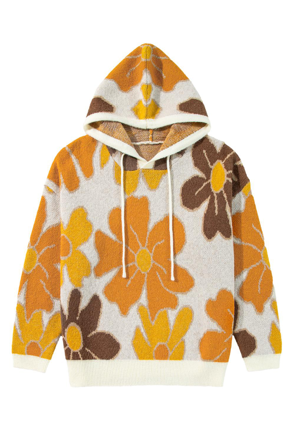 Cozy floral hooded plus size sweater with drawstring detail