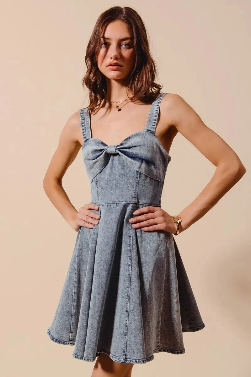 SO ME Mineral Washed Bow Ribbon Denim Flare Dress Coco’s Tee Boutique