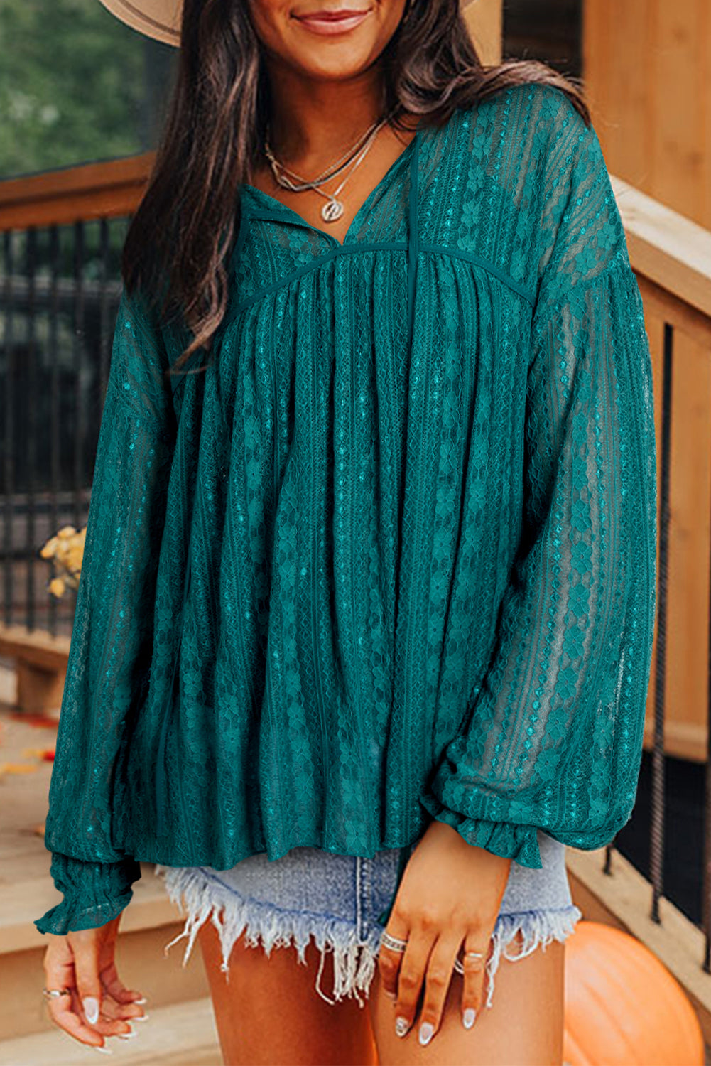 Premium Evergreen Sheer Lace Balloon Sleeve Babydoll Blouse