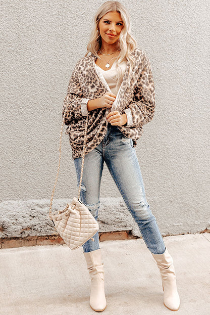 Chic khaki leopard print batwing sleeve cardigan for effortless style