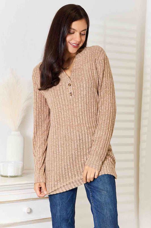 Double Take Notched Neck Ribbed Long Sleeve T-Shirt - Love Salve