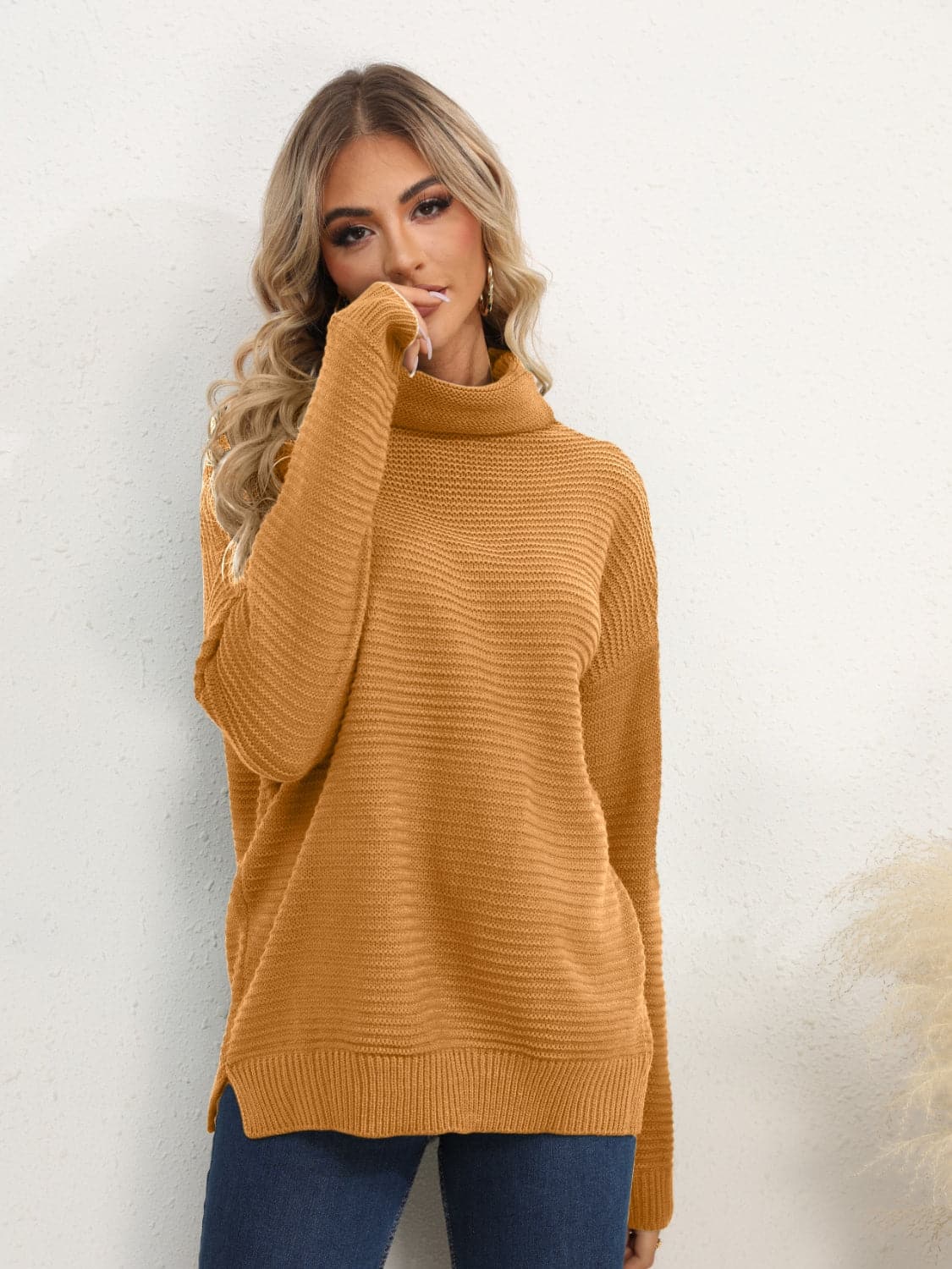 Slit Turtleneck Dropped Shoulder Sweater.