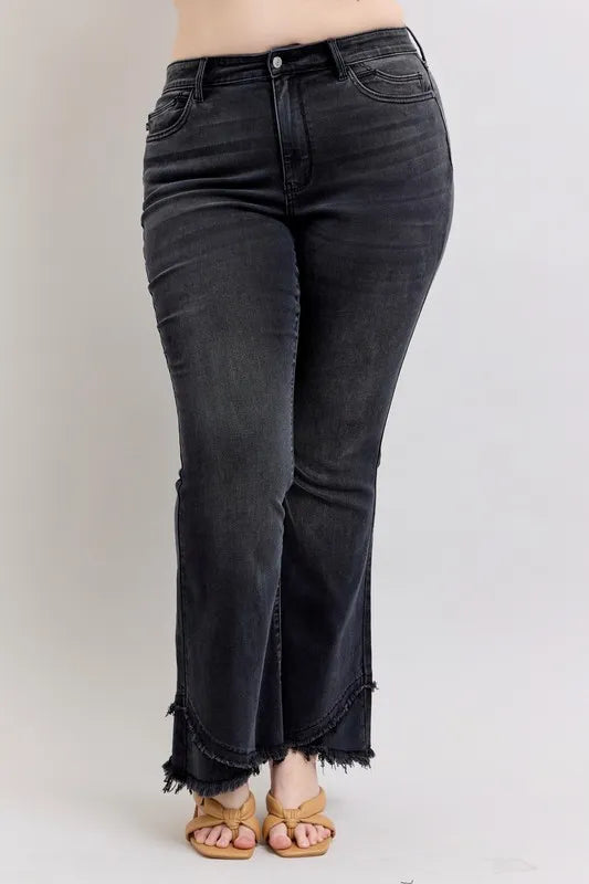 Judy Blue Full Size High Waist Flare Jeans With Mock Fray Tulip Hem Plus Size - Love Salve 