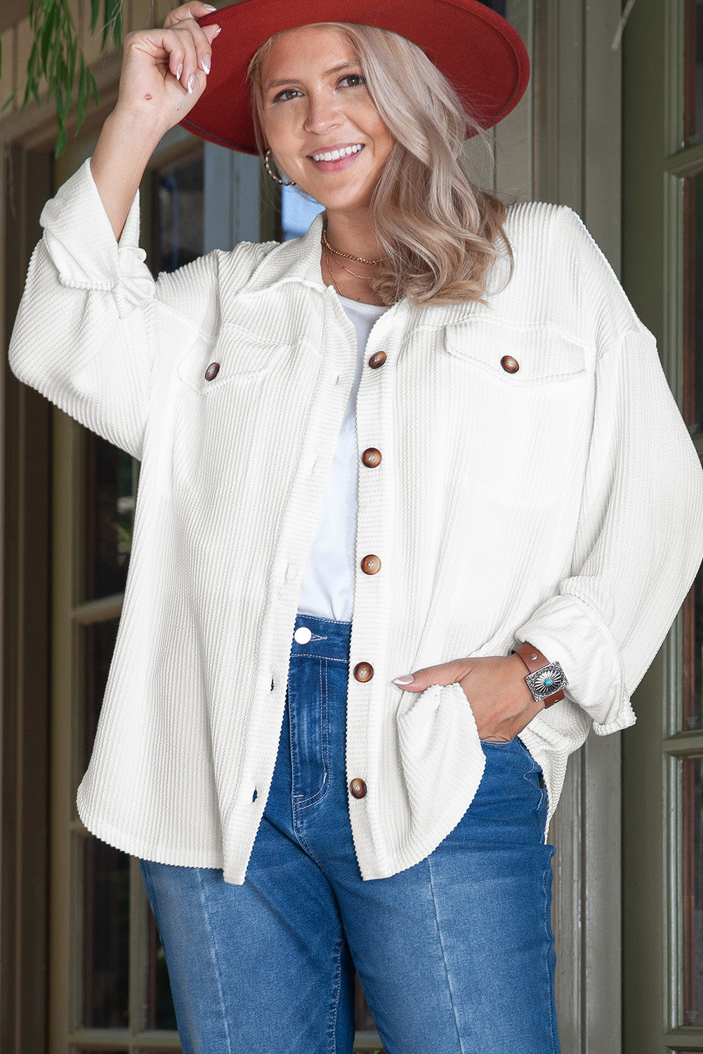 White plus size corded shacket