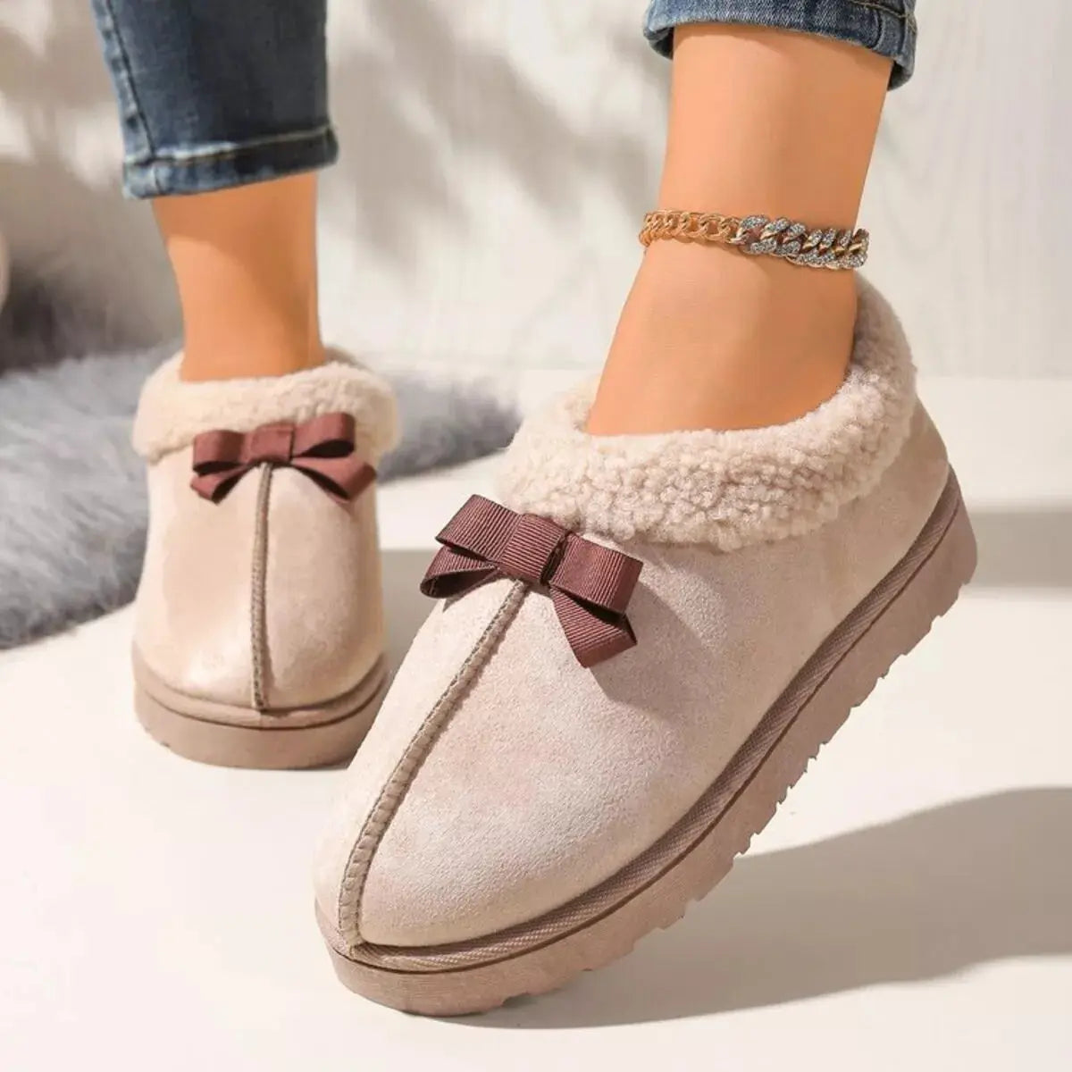 Cozy Bowknot Plush Lined Slip-Ons Simply Love