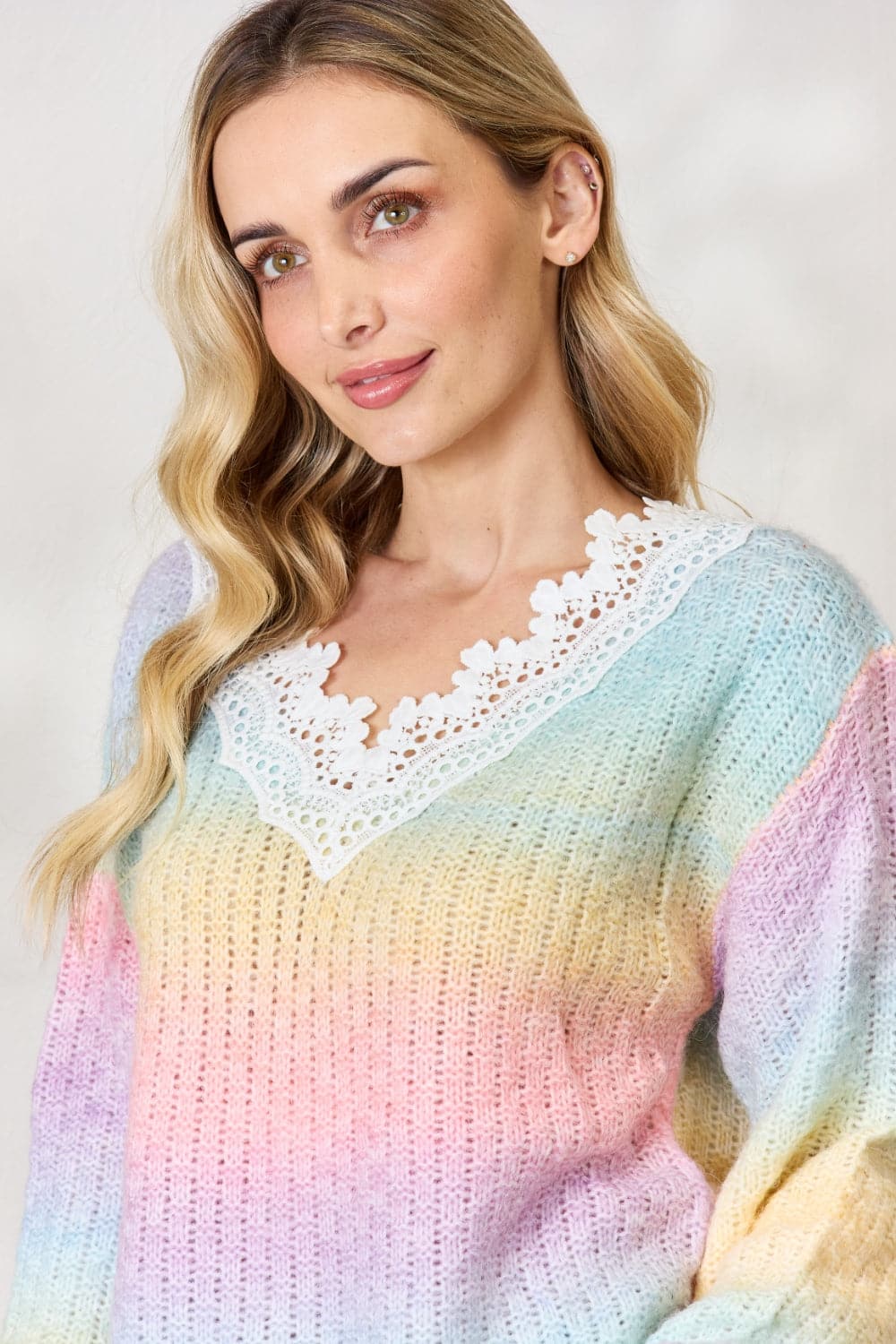 BiBi Rainbow Gradient Crochet Deetail Sweater.