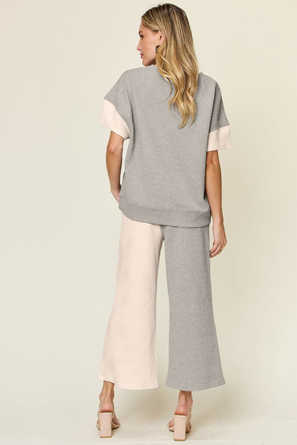 Double Take Full Size Texture Contrast T-Shirt and Wide Leg Pants Set.