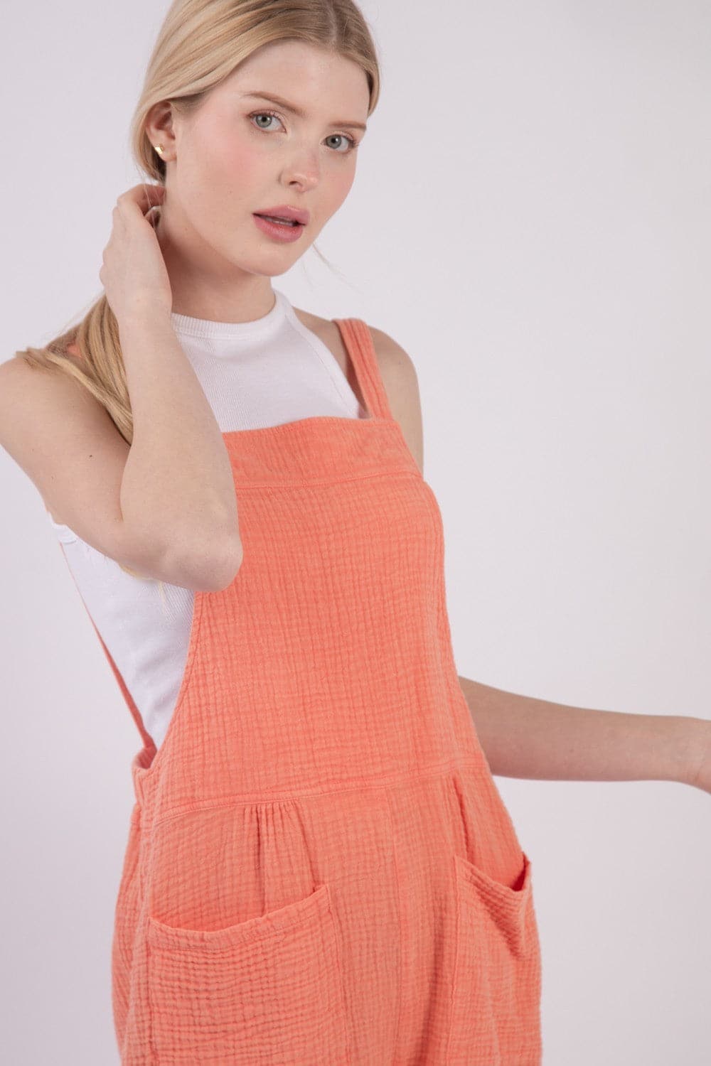 VERY J Sleeveless Double Gauze Overalls with Pockets.