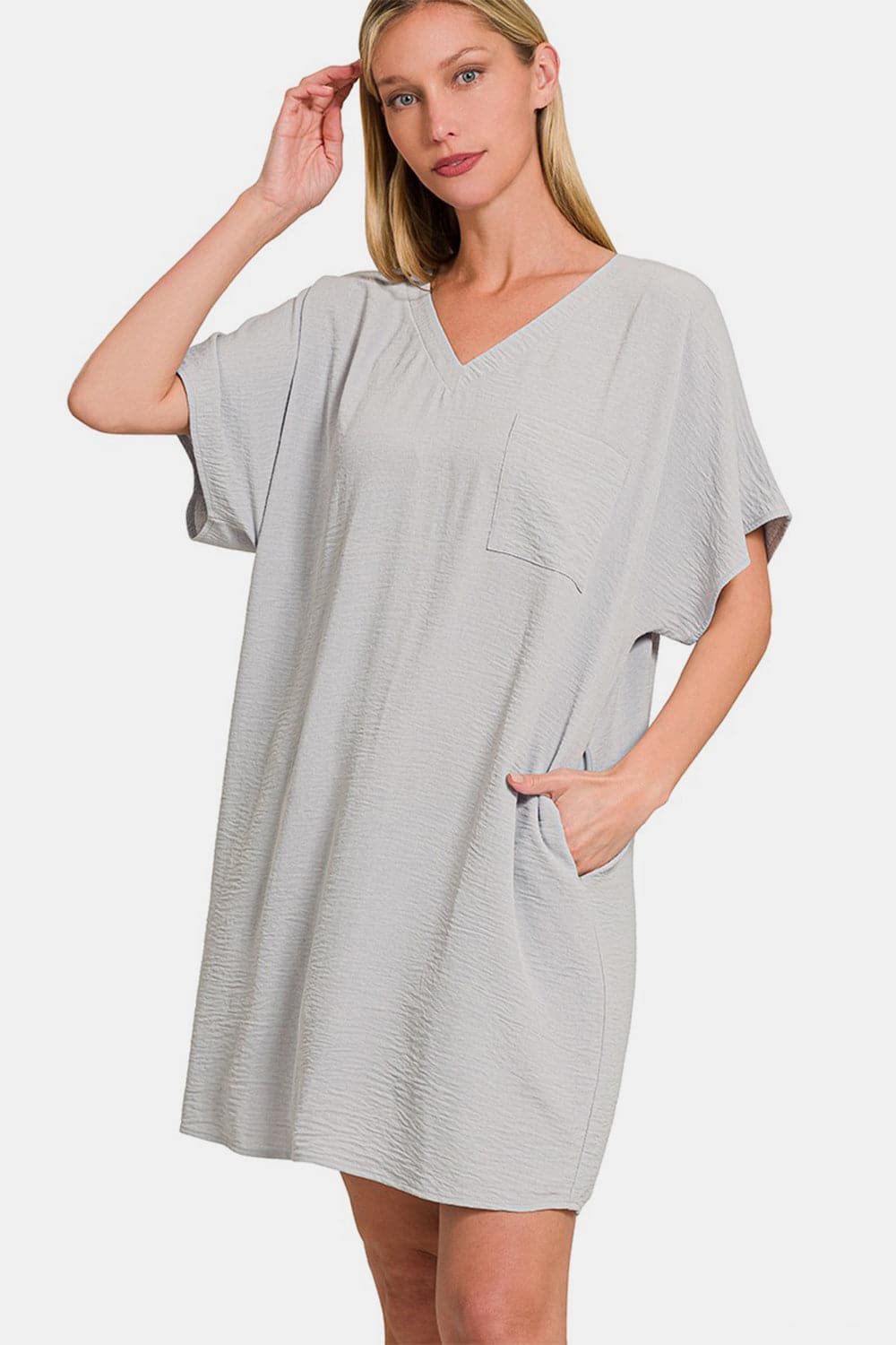 Zenana V-Neck Tee Dress with Pockets.