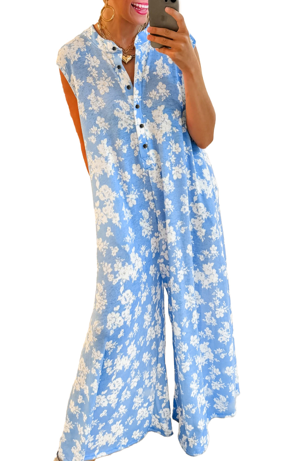 Myosotis Floral Print Half Button Wide Leg Relaxed Jumpsuit