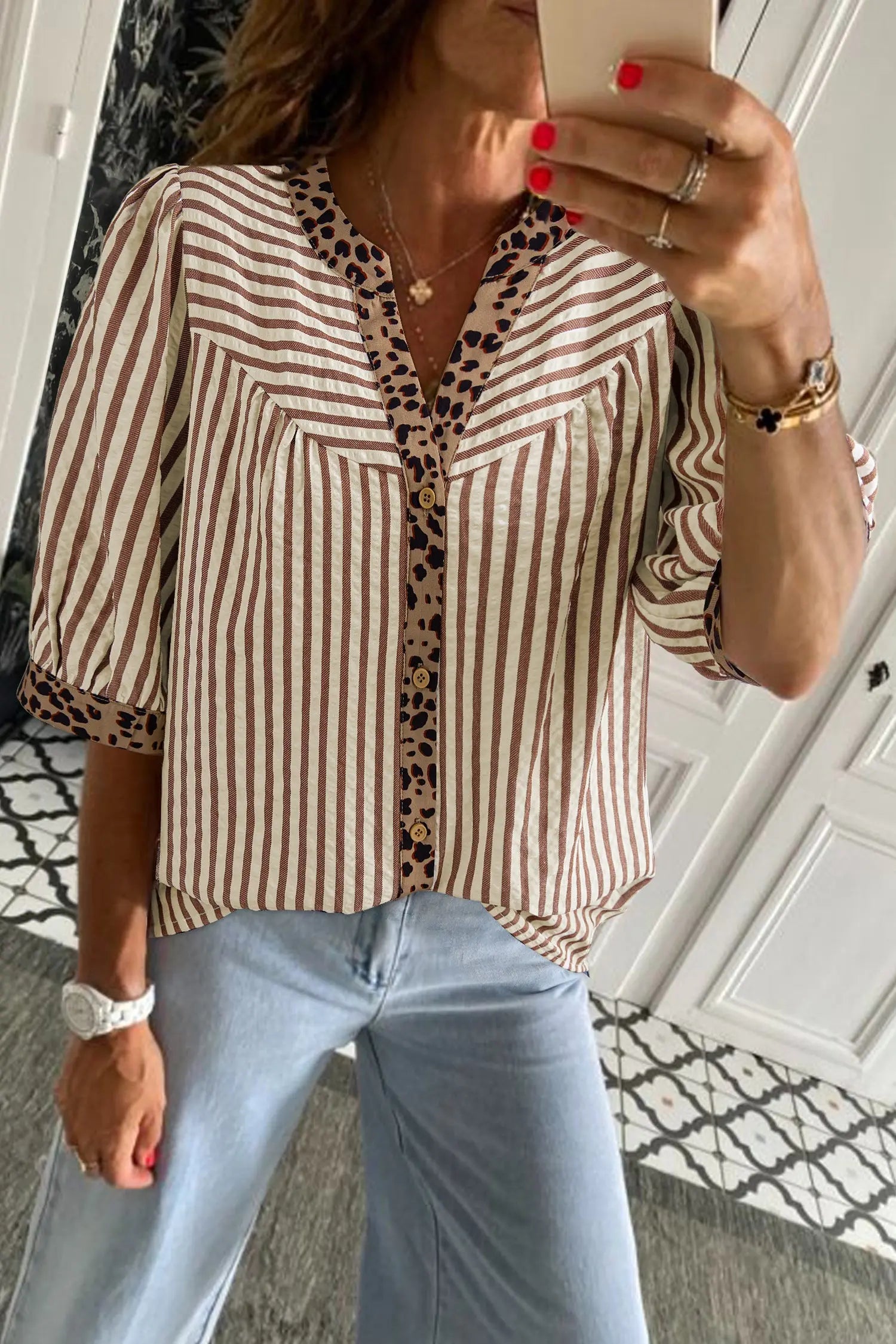 Brown Stripe Leopard Trim V Neck Button Down Half Sleeve Shirt Dear-Lover Dropshipping