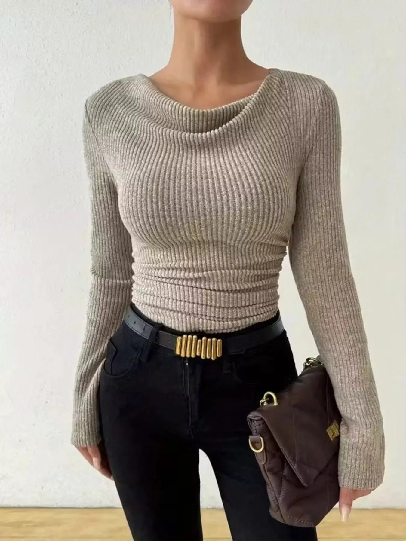 Cowl Neck Ribbed Knit Top Simply Love