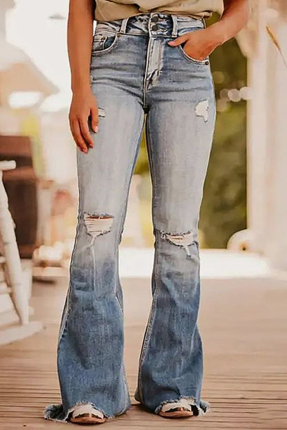 Distressed Raw Hem Bootcut Jeans.