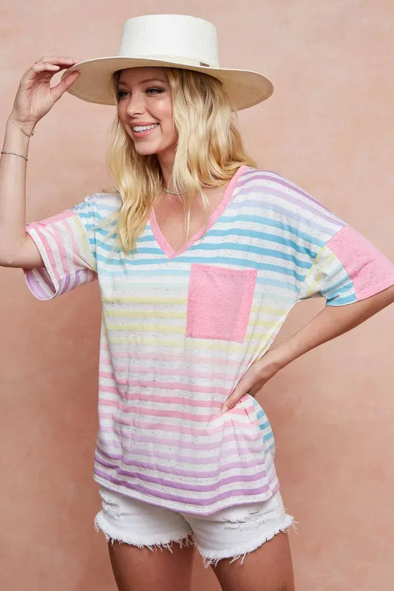 BiBi Rainbow Stripe Printed Triblend Knit Top - Love Salve 