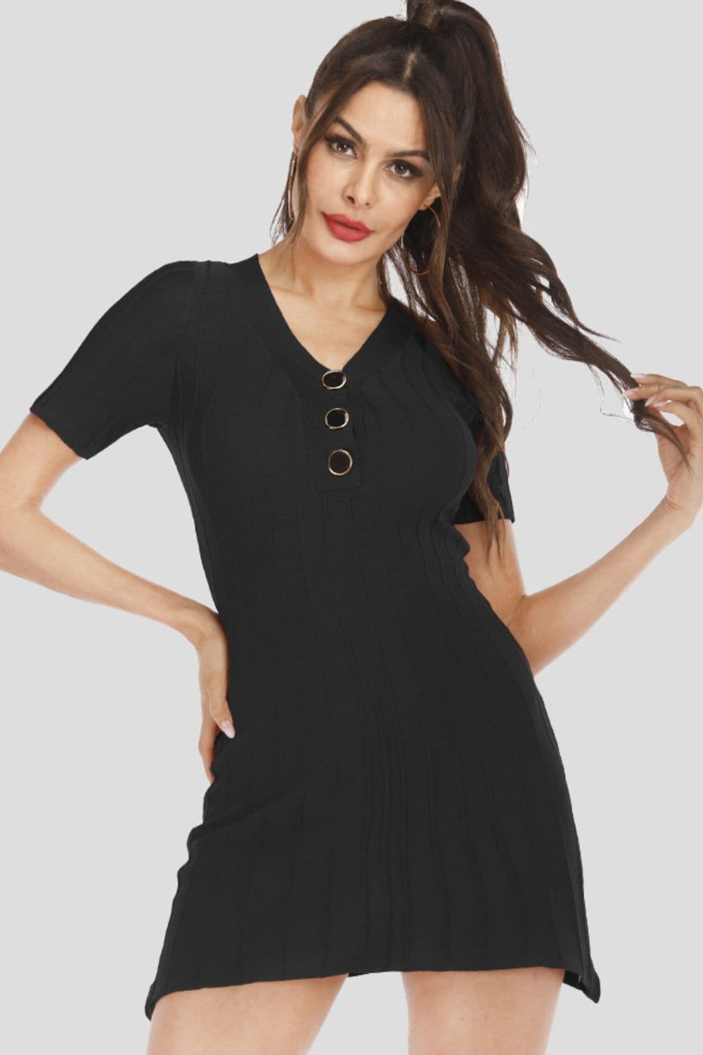 Buttoned Short Sleeve V-Neck Knit Dress.