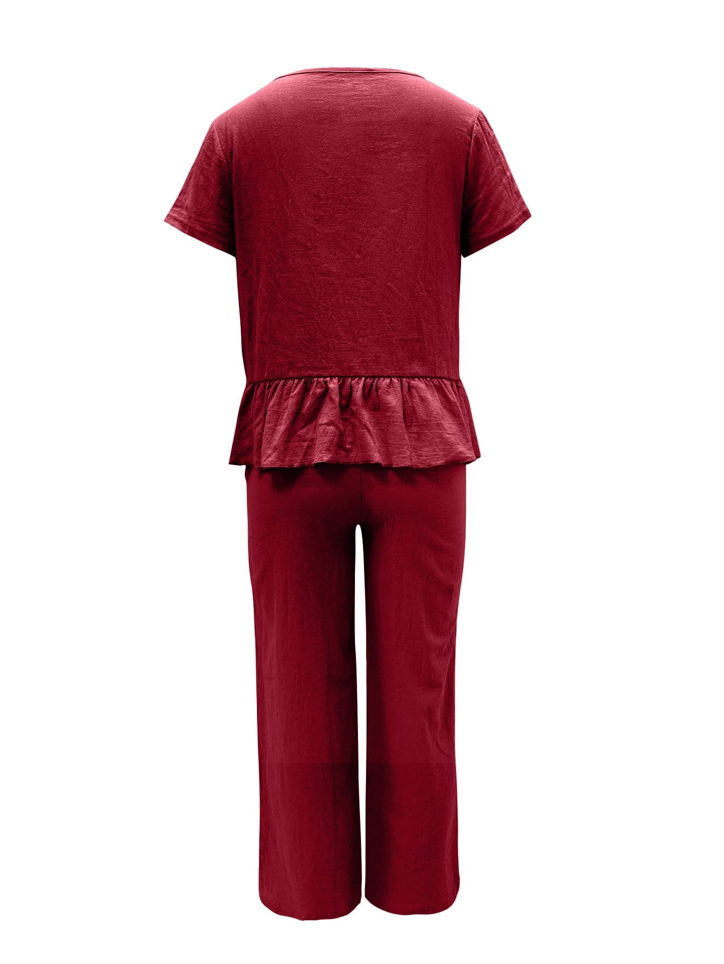 Peplum Round Neck Short Sleeve Top and Pants Set.