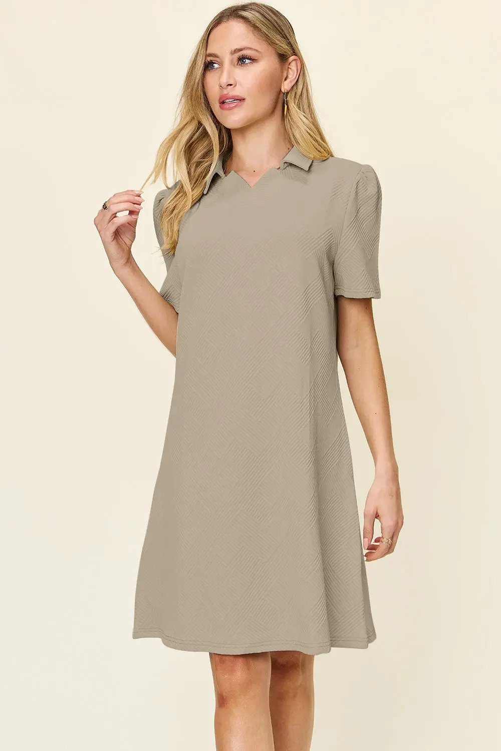 Double Take Full Size Texture Collared Neck Short Sleeve Dress - Love Salve